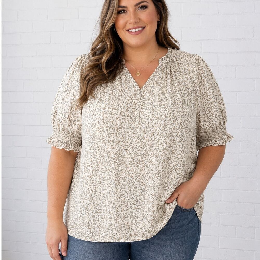 Polagram 1XL Floral Blouse NWT Cream Taupe Puff Sleeve Cottagecore Top